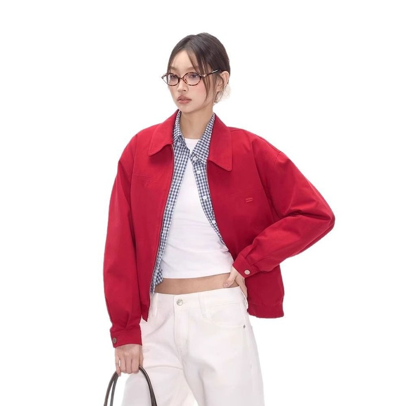 2025红色哈灵顿夹克美式复古春季基础通勤男女百搭短宽松外套上衣|undefined