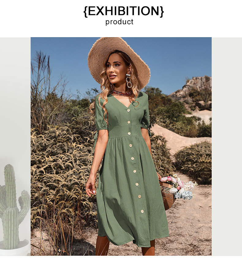 Rochie de damă cu mânecă scurtă, de lungime medie, cu nasturi, în linie A_voghion.com