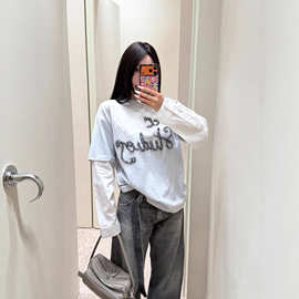 南油高版本潮牌Ac家2025秋新款假两件撞色全棉长袖T恤时尚男女款