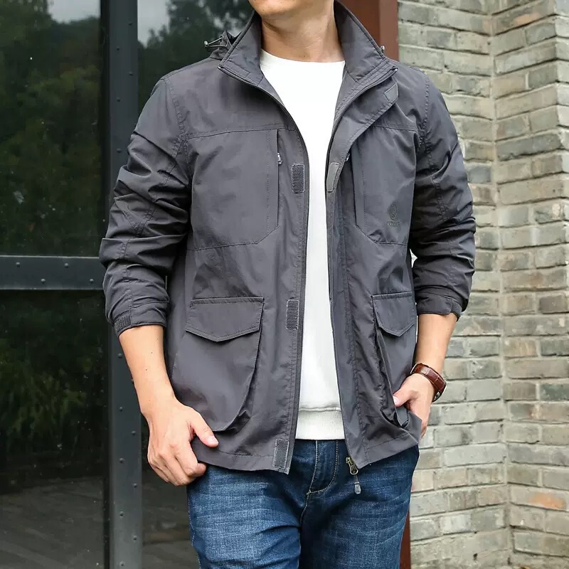 New cross-border foreign trade men's outdoor work jacket, spring and autumn style, loose fit, large size, hooded, windproof, casual coat for men