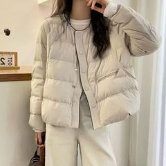 波纹轻便羽绒服女欧洲站2025冬单排扣圆领简约短款白鸭绒保暖外套