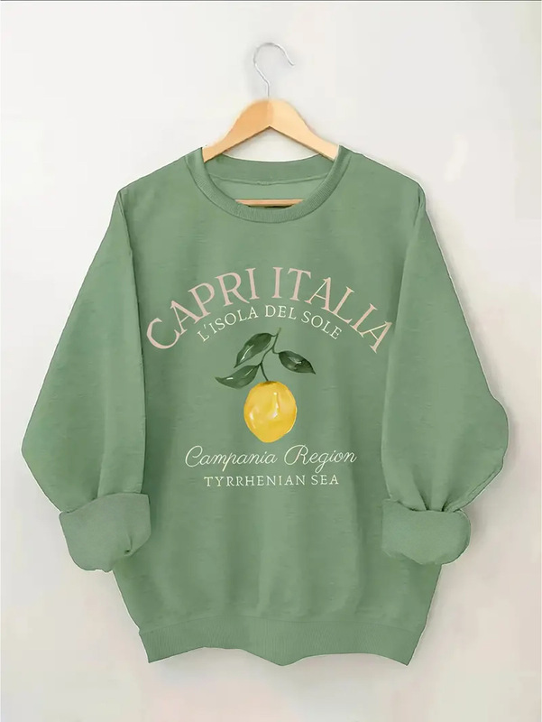 Cross-Border European Size Thin Fleece Women's Capri Italian Sweatshirt, Casual Polyester Hoodie, Round Neck, Letter Print