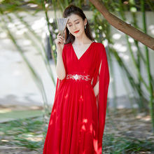 夏季新款中式国风清新高级感气质雪纺修身仙女连衣裙飘逸长裙