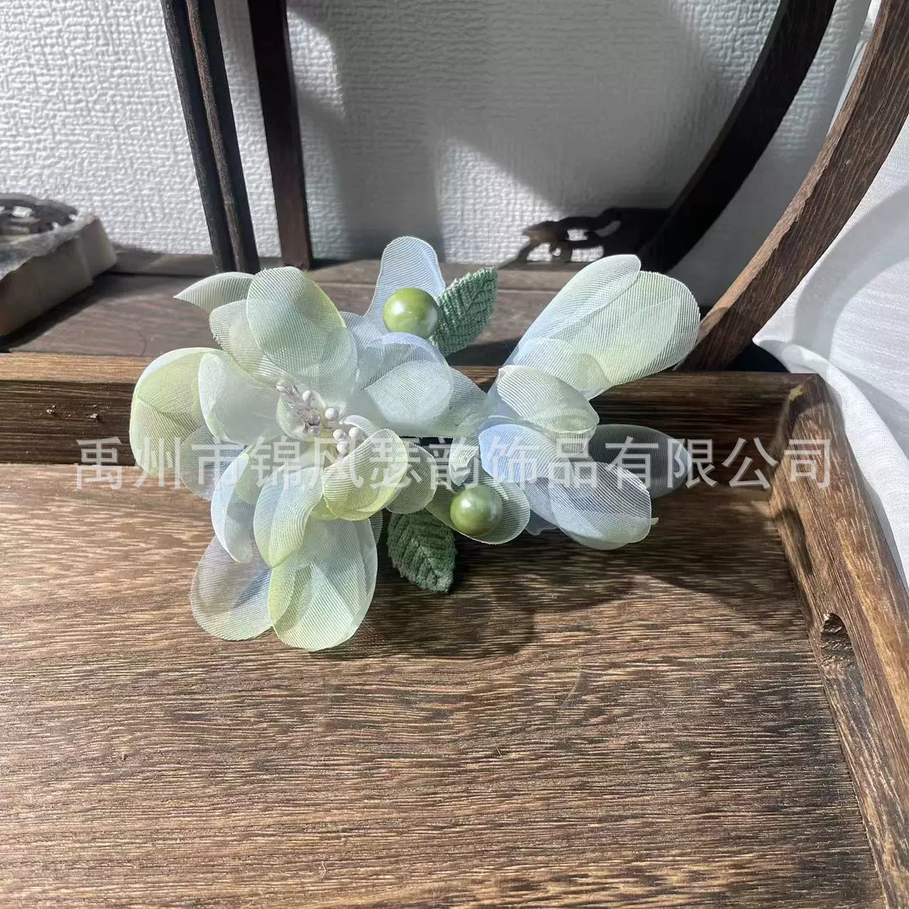 2024新款蓝绿色系渐变小瓣花绢纱轻盈仙气烫花发夹古风汉服发饰