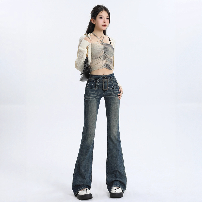 Vintage Gradient Flared Jeans for Women, Autumn Design, American Style, High-Waisted, Stretchy, Slim-Fit, Floor-Length Pants