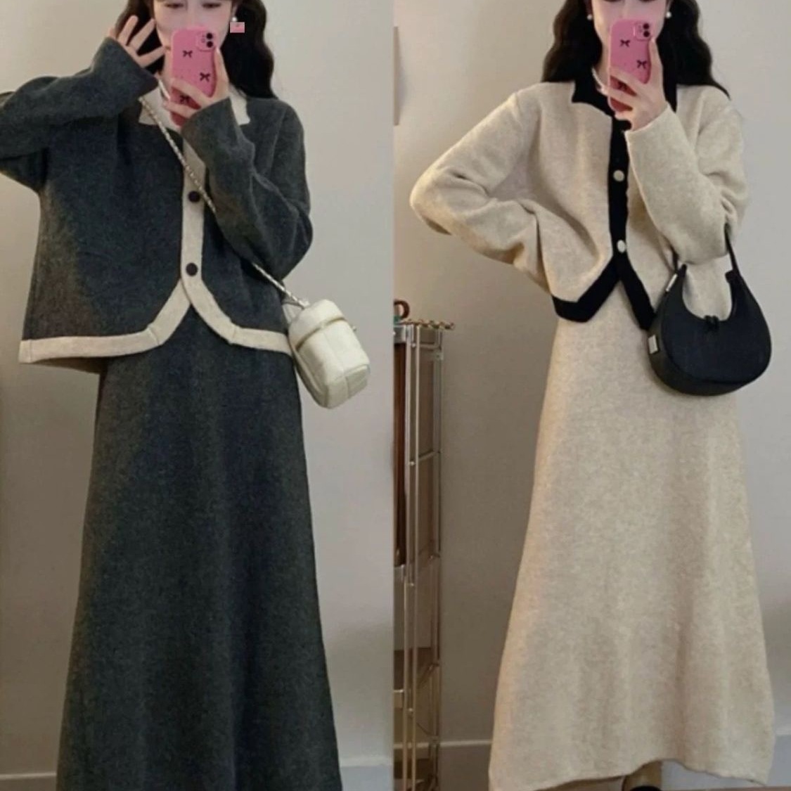 大码女装法式小香风套装秋季撞色针织开衫胖MM显瘦半身裙子两件套