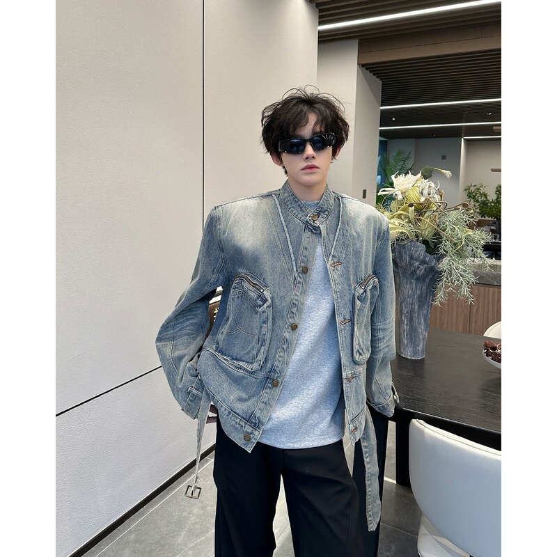 Vintage Spring and Autumn Washed Pocket Denim Drawstring Jacket for Men, Loose Versatile Niche Casual Jacket Ins