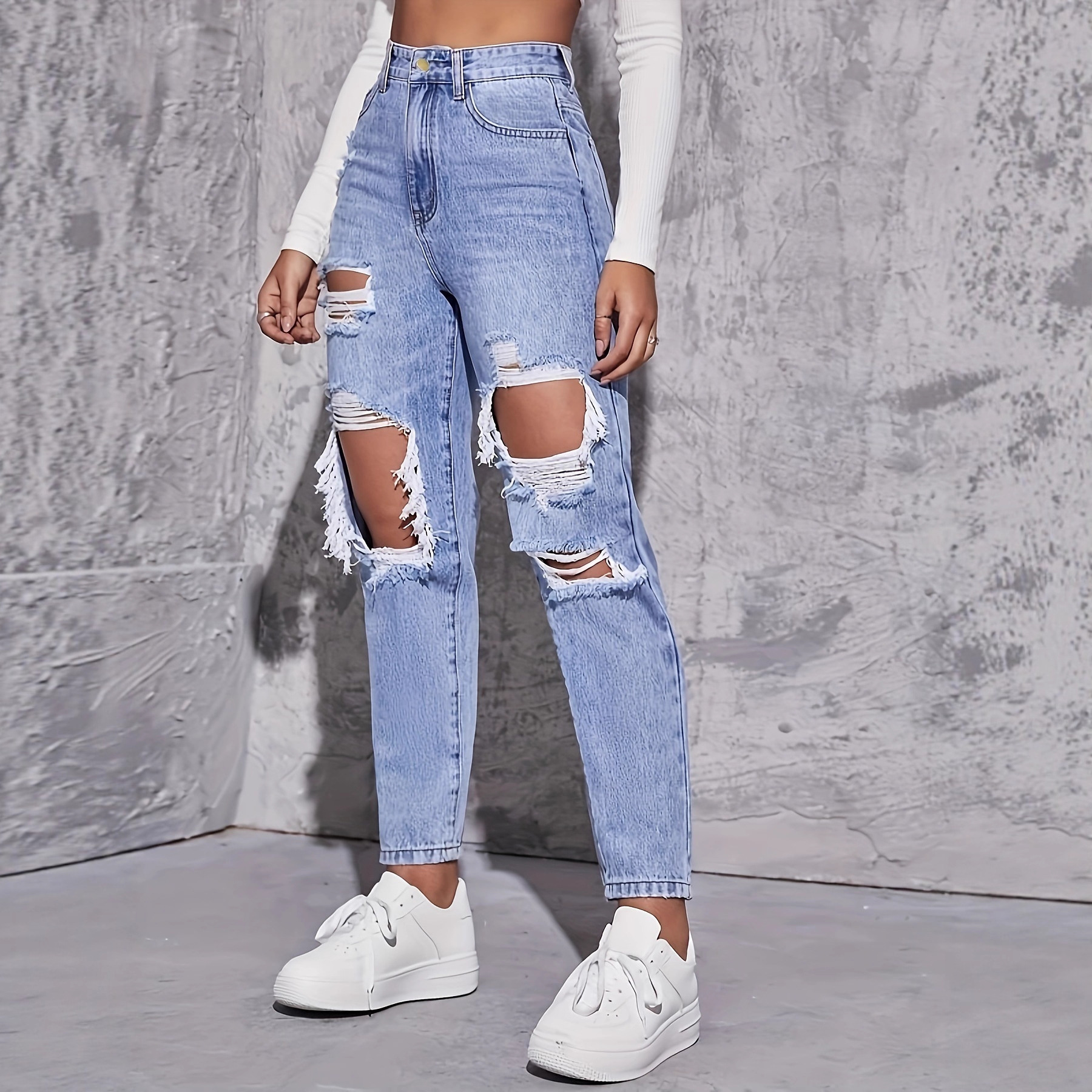 Jeans Rectos Rotos para Mujer de Mezclilla, Cintura Alta