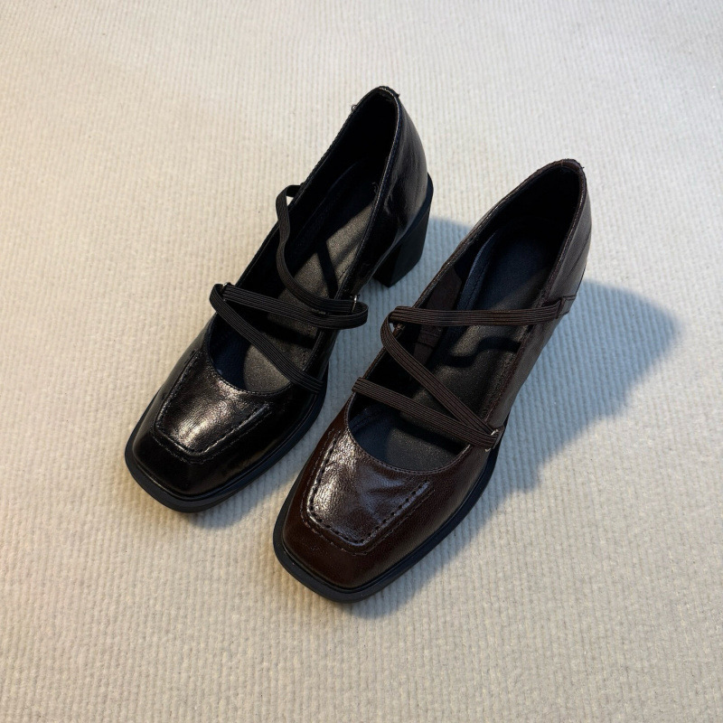 Silent Chunky Heel Mary Jane Shoes with 5cm High Heel, Elastic Band, Square Toe, Elegant Single Shoes for Petite Individuals, Supplied by the Manufacturer Silent Chunky Heel Mary Jane Shoes with 5cm High Heel, Elastic Band, Square Toe, Elegant Single Shoes for Petite Individuals, Supplied by the Manufacturer