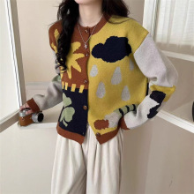 韩系设计感涂鸦拼色针织开衫女2025秋季新款宽松百搭圆领毛衣外套