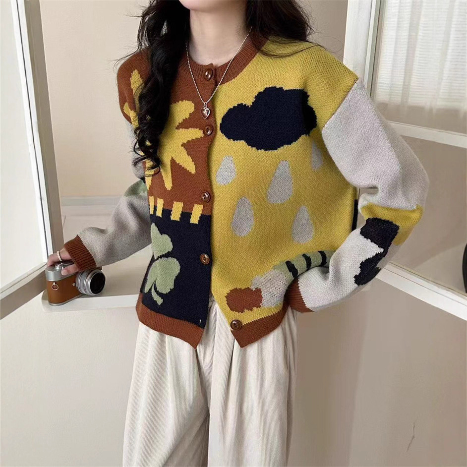 韩系设计感涂鸦拼色针织开衫女2025秋季新款宽松百搭圆领毛衣外套