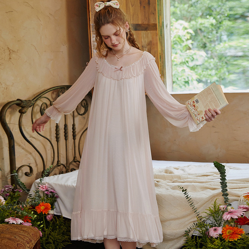 Fairy Style Women's Modal Long-Sleeved Mesh Nightgown Loose One-Piece Dress Girl's Pajamas Comfortable Home Clothes