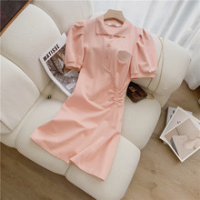 泡泡袖polo连衣裙女夏法式少女小众设计小个子褶皱衬衫裙2024新款