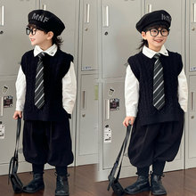 儿童加棉衬衫2025秋冬新款男童学院风马甲毛衣套装童装一件代发