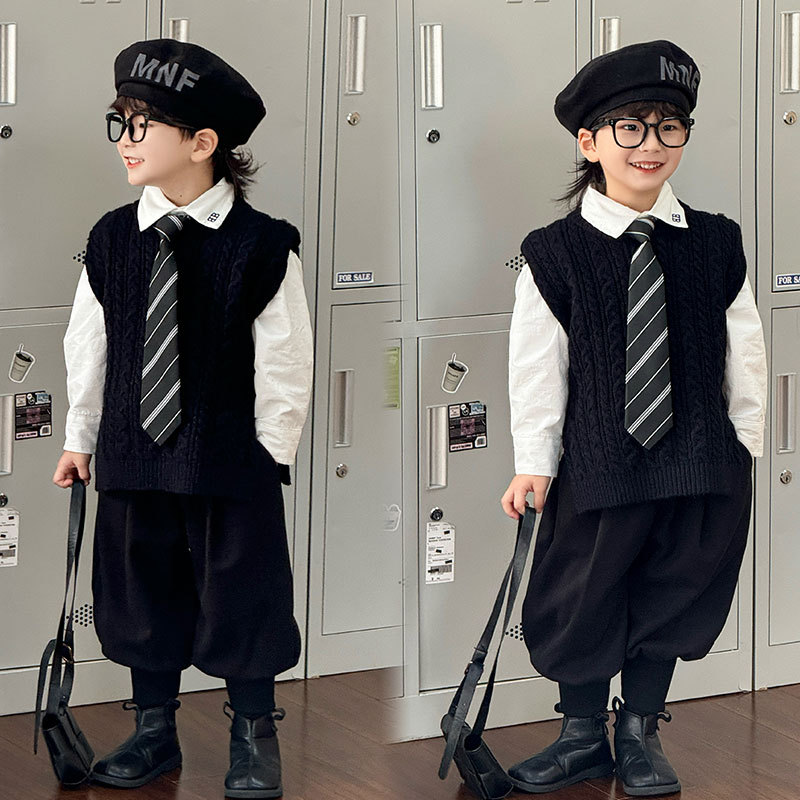儿童加棉衬衫2025秋冬新款男童学院风马甲毛衣套装童装一件代发