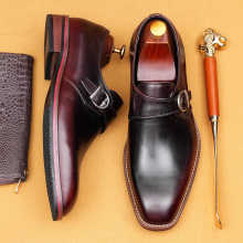 方头皮鞋男款真皮2025新款商务正装英伦风手工擦色搭扣僧侣孟克鞋