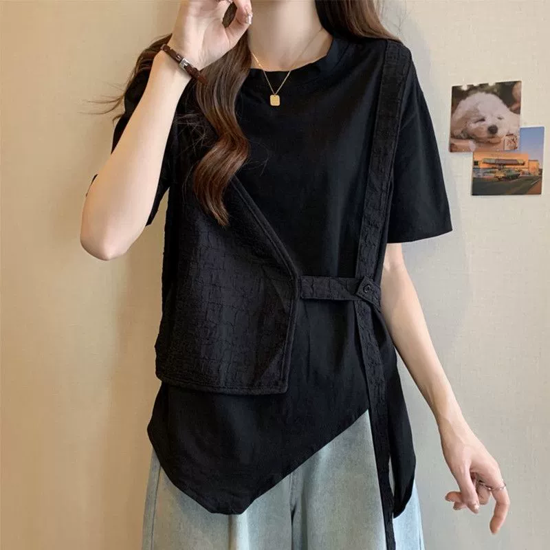 Футболка больших размеров с короткими рукавами, новая летняя модная свободная Приталенная футболка из двух предметов неправильного кроя, 2024