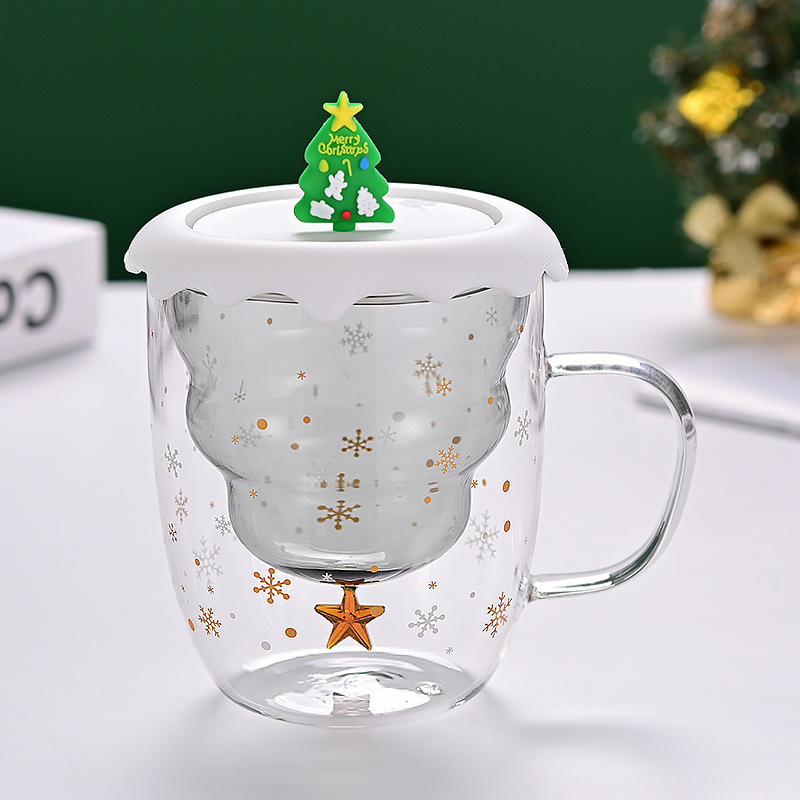 Taza navideña de vidrio de doble capa con asa, diseño de estrella y deseos, ideal para leche o jugo
