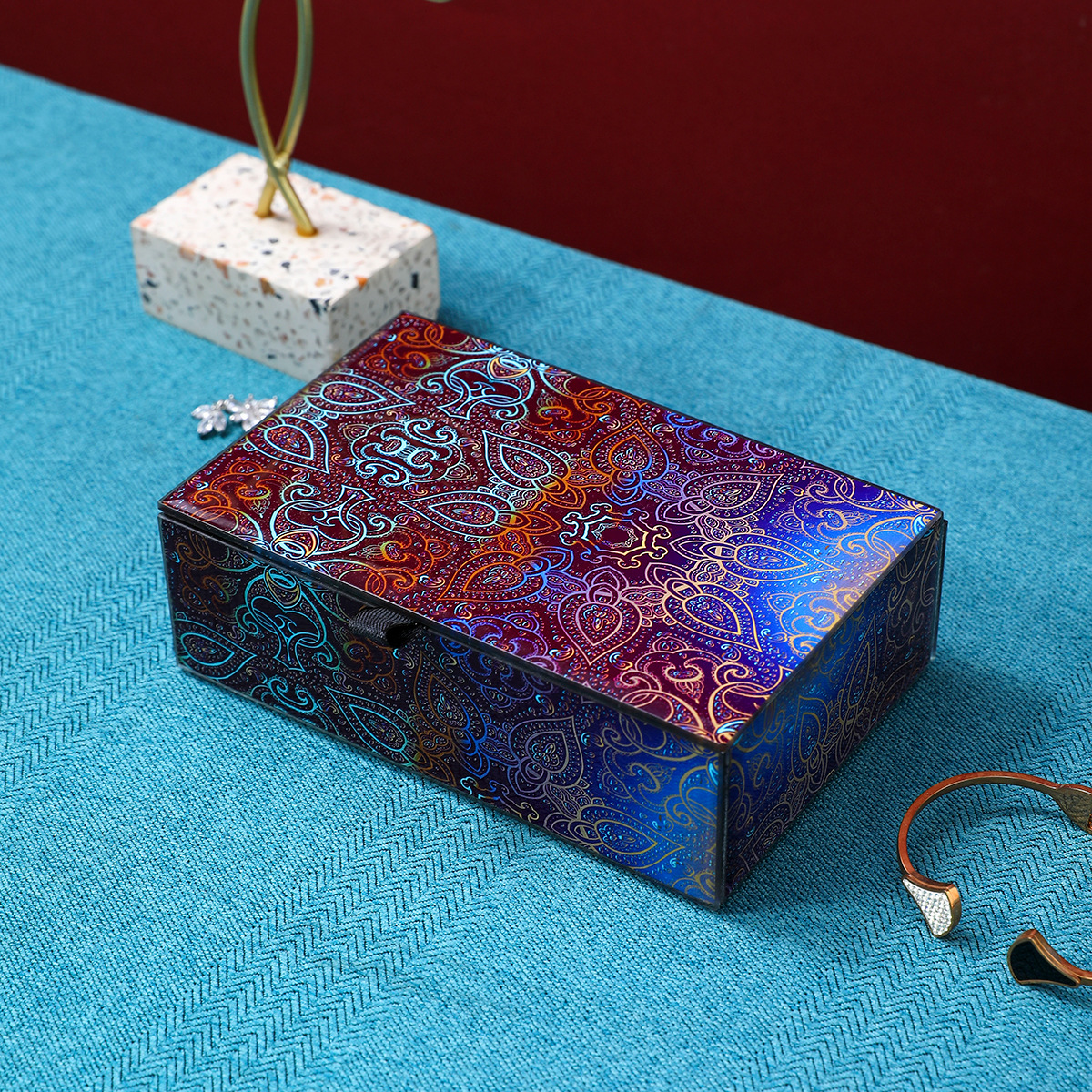 幻彩塔罗花纹玻璃收纳盒珠宝首饰收纳盒轻奢高级感礼品包装盒