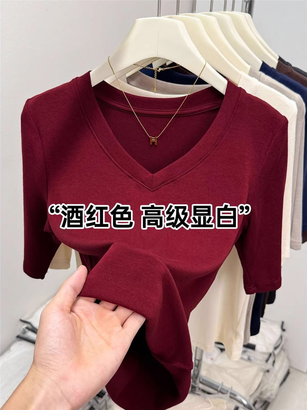 精品羊绒五分袖V领设计感上衣2025秋季欧货爆款百搭修身正肩内搭|undefined