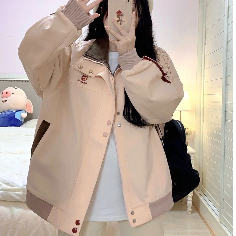 新品美式复古撞色外套女2025春秋季宽松休闲百搭夹克棒球服上衣|undefined
