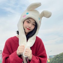 网红抖音可爱兔子耳朵会动的白色卡通帽子围巾女二件套一体帽子潮