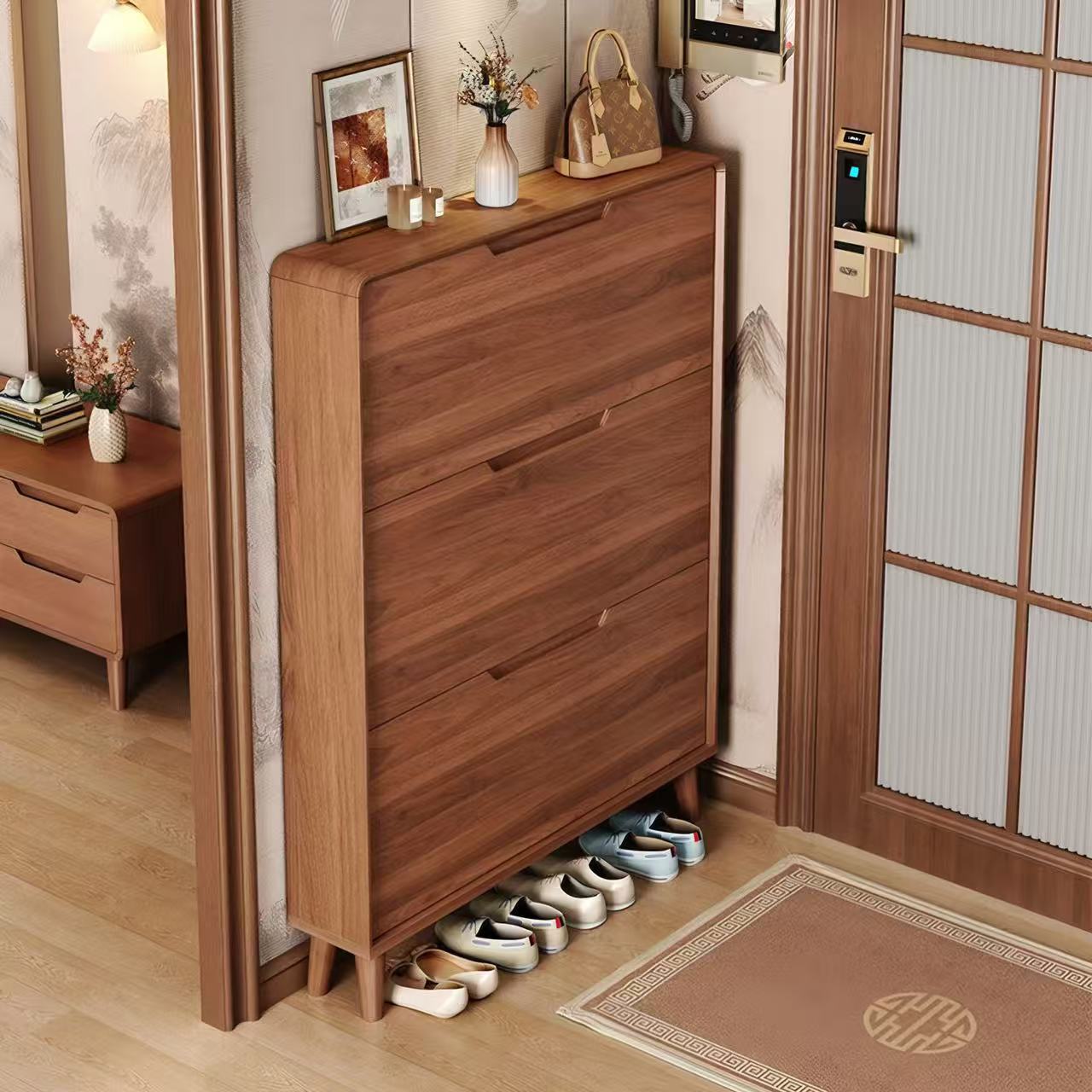 Factory Direct Sales New Chinese Style Ultra-Thin Tipping Bucket Shoe Cabinet Household Pure Solid Wood Entrance Cabinet Integrated Storage Shoe Cabinet