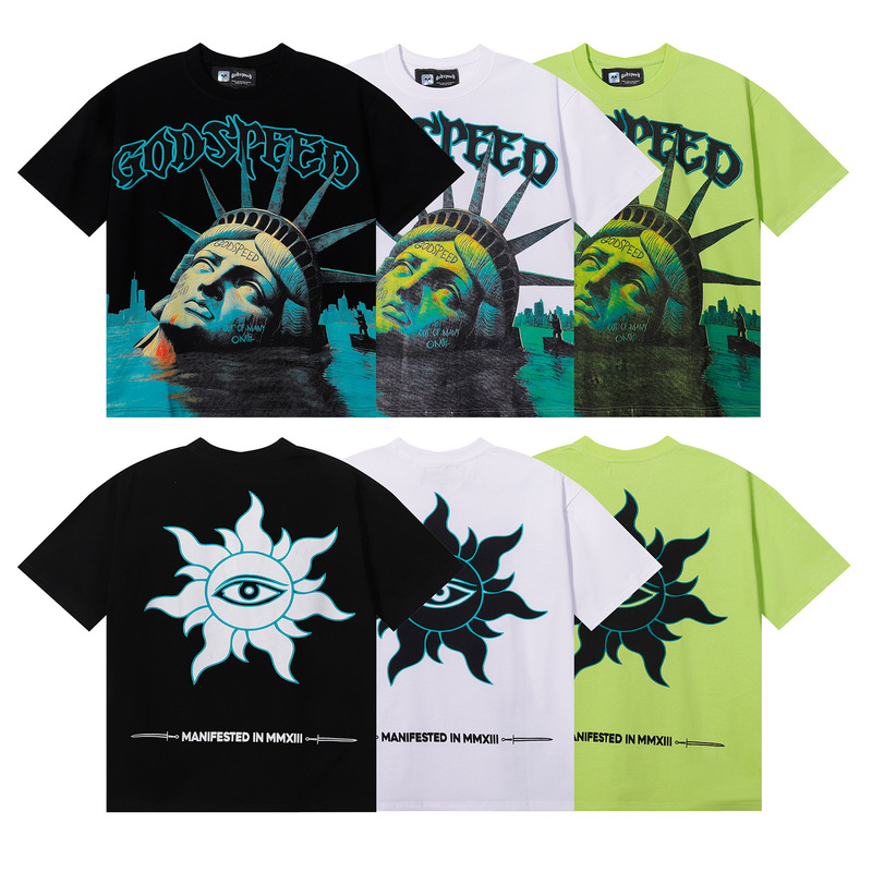 Cross-Border Export Godspeed Skull Rock Band Retro Washed Short-Sleeved T-Shirt Men and Women Couple Bottoming Shirt Trendy