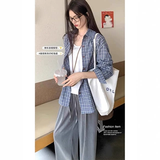 蓝色格子衬衫内搭春夏季女装叠穿衬衣小众设计感上衣休闲长袖外套
