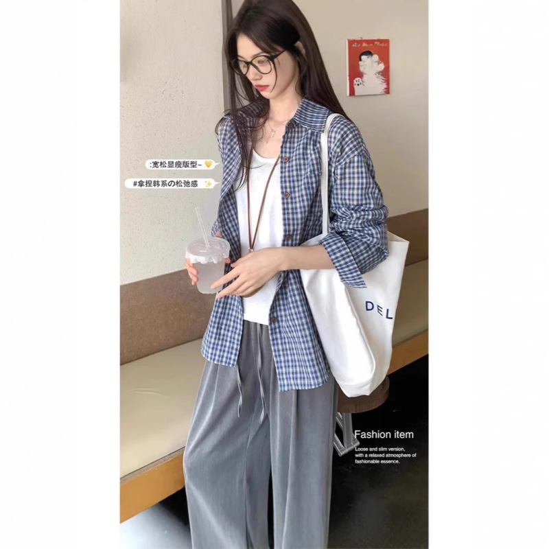 Blue Plaid Shirt Layered with Spring and Summer Women's Clothing, Unique Design Tops, Casual Long-Sleeved Jackets Blue Plaid Shirt Layered with Spring and Summer Women's Clothing, Unique Design Tops, Casual Long-Sleeved Jackets