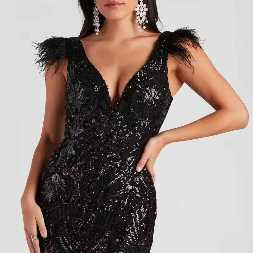 Transfronterizo 2024 verano nueva moda delgado de alta densidad con lentejuelas banquete vestido de noche