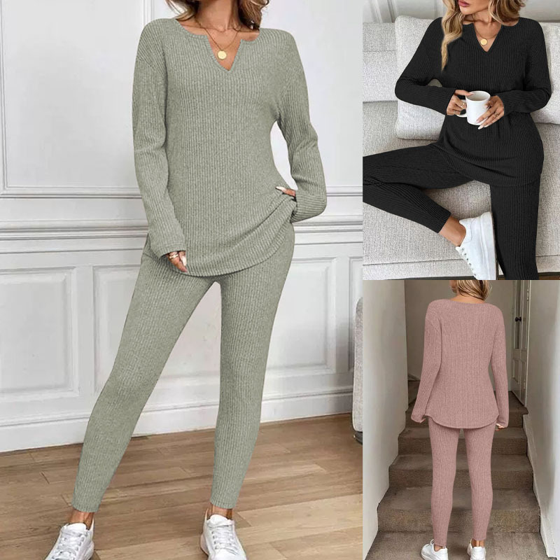 Amazon European and American Plus-Size Autumn and Winter Casual Knit Two-Piece Set for Women, Solid Color Ribbed V-Neck Top and Leggings Set Amazon European and American Plus-Size Autumn and Winter Casual Knit Two-Piece Set for Women, Solid Color Ribbed V-Neck Top and Leggings Set