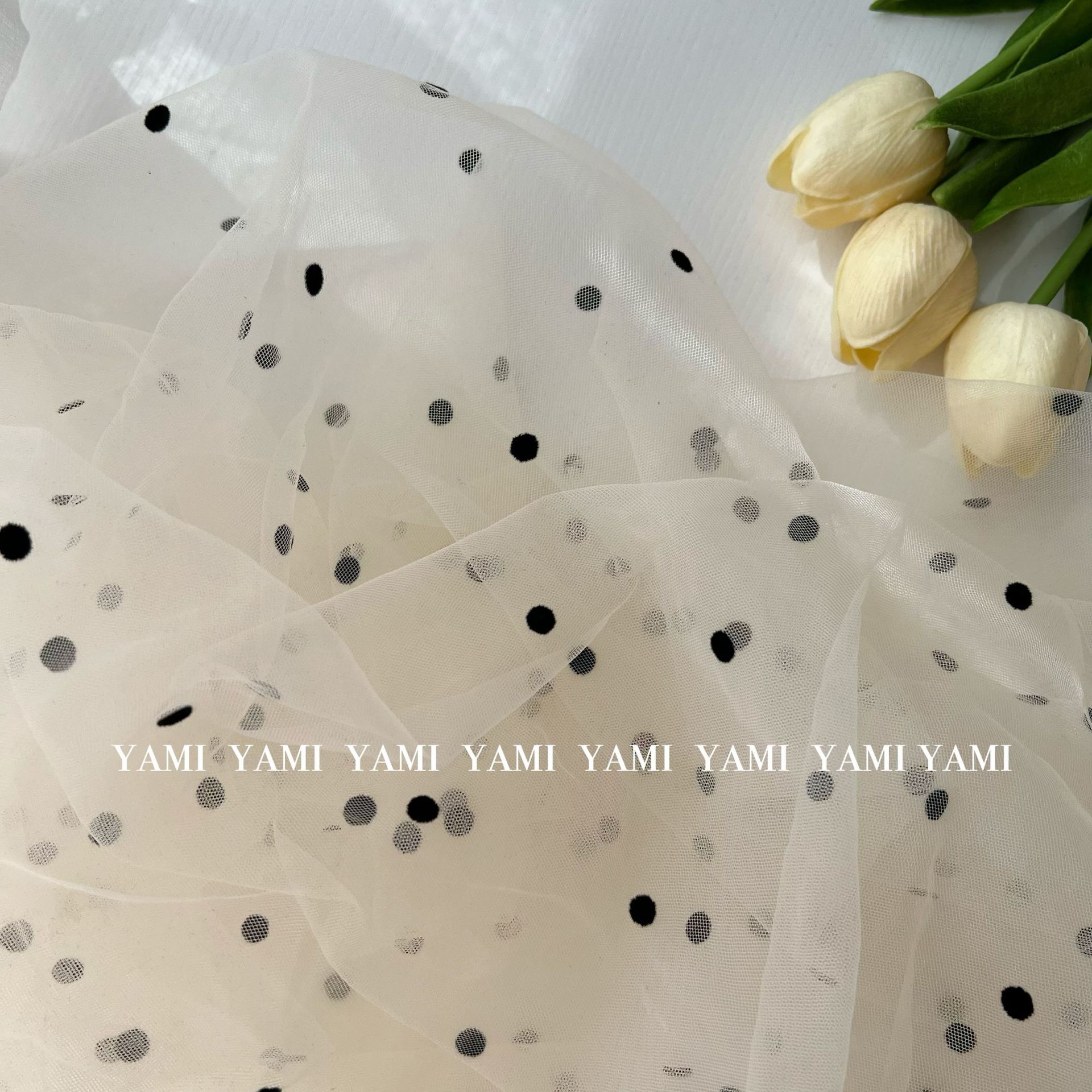 Tela de malla multicolor al por mayor con flocado de puntos de 0.5 mm, flocado de puntos negros de doble cara para ropa infantil, ropa de mujer y Hanfu.