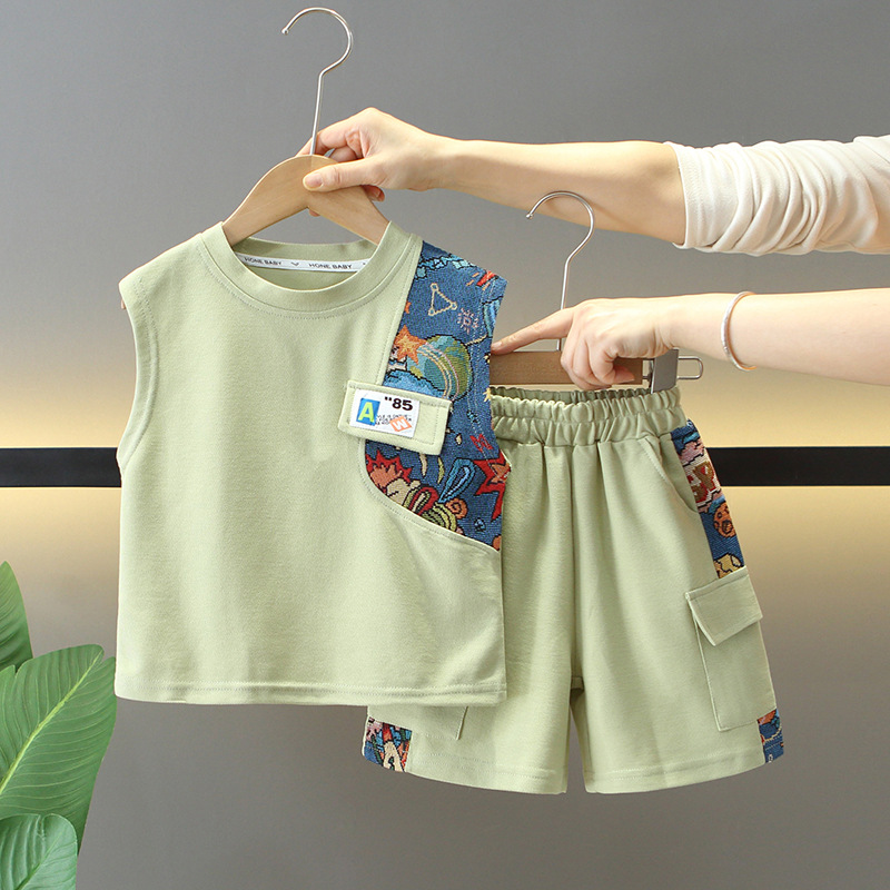 7871 traje de verano para niños 2025 nuevos pantalones cortos de chaleco guapos para niños de dos piezas ropa de verano para bebés de moda