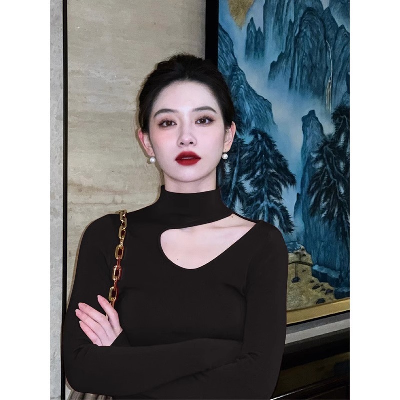 黑色镂空半高领挂脖内搭打底衫女秋冬纯欲修身针织衫锁骨上衣秋季|undefined