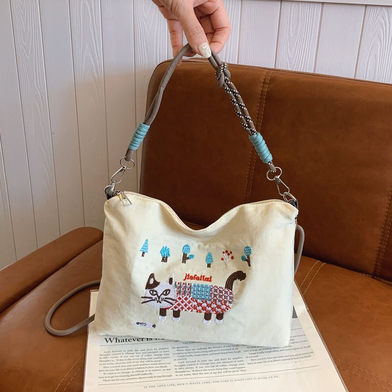 大容量春夏猫刺繍バッグ手提げ斜めショルダーバッグショッピングバッグ漫画ナイロンバッグ女|undefined