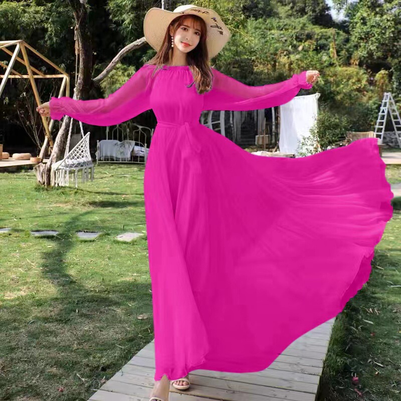 Beach Dress Chiffon Ultra-Long Fairy Dress with Large Hem, Spring and Autumn Dress, Long-Sleeved Loose-Fitting Tie-Waist Slim-Fitting Beautiful Dress Beach Dress Chiffon Ultra-Long Fairy Dress with Large Hem, Spring and Autumn Dress, Long-Sleeved Loose-Fitting Tie-Waist Slim-Fitting Beautiful Dress
