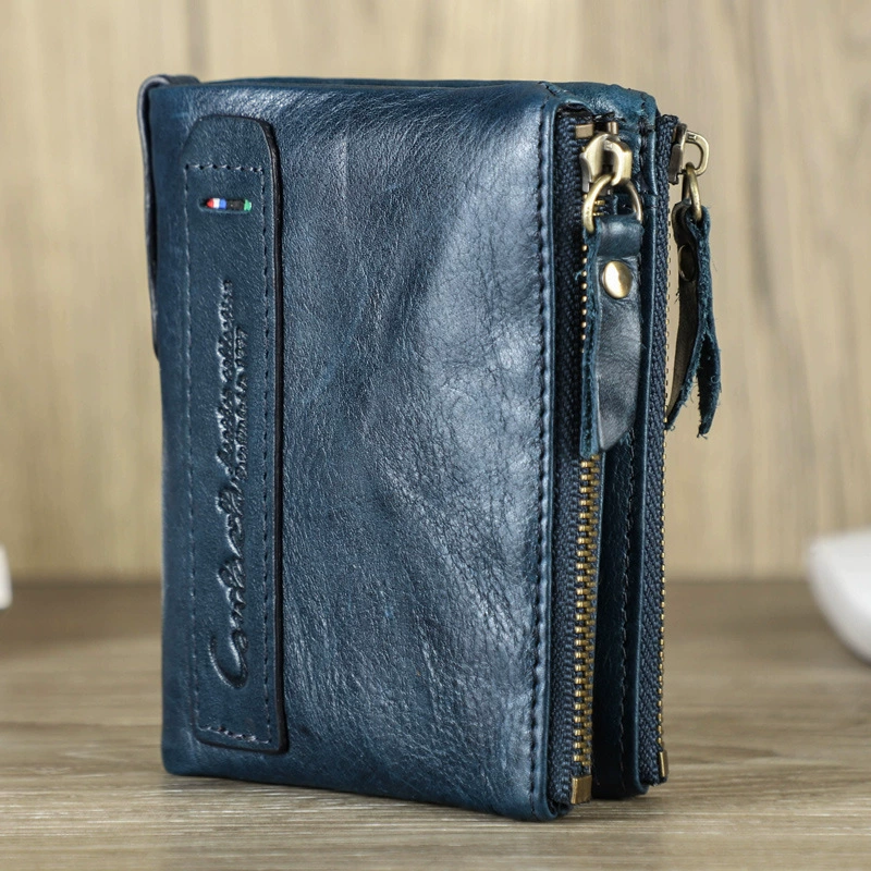 Anti-magnetic short fashionable leather wallet with zipper, genuine leather, cowhide, (Cross-border trading)
