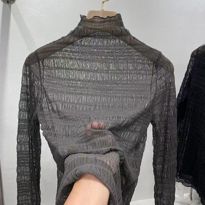 Super soft high quality turtleneck slightly transparent thin long-sleeved T-shirt women's pleated texture mesh lace bottoming shirt top Super soft high quality turtleneck slightly transparent thin long-sleeved T-shirt women's pleated texture mesh lace bottoming shirt top