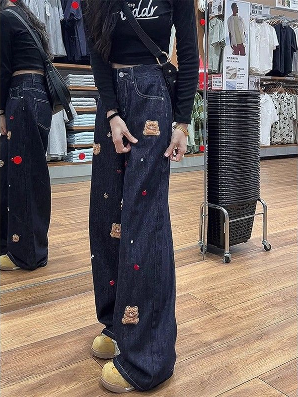 小熊刺绣直筒牛仔裤女2025年秋季新款高腰显瘦宽松百搭休闲阔腿裤|undefined
