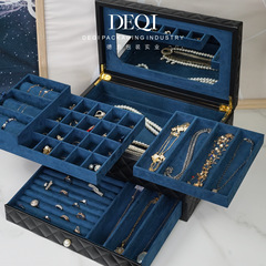 Double-layer rhombus small sheepskin leather black storage box bedroom organization pearl necklace jewelry box large capacity storage box