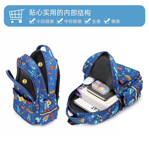 Cross-border new primary school student schoolbag male first, second and third grade spaceship rocket print backpack waterproof lightweight backpack