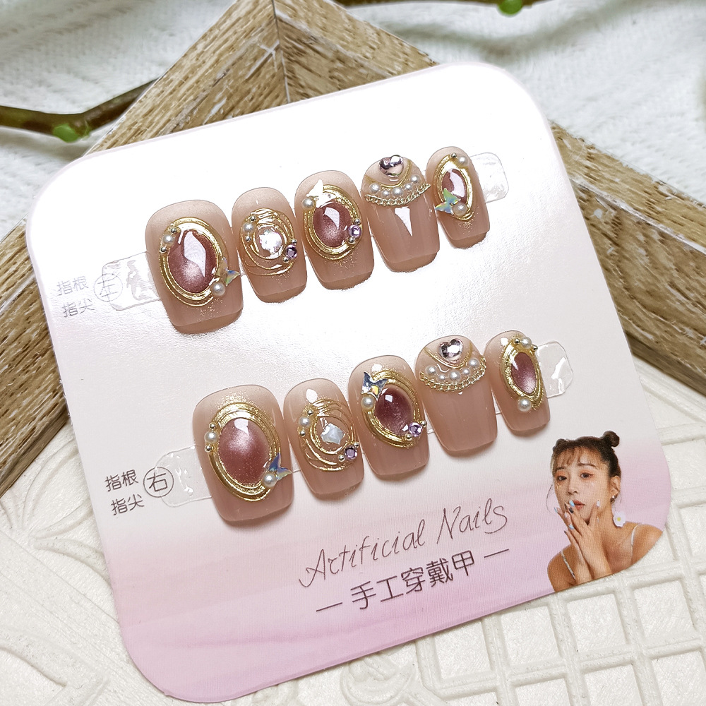 Rubijo ojo de gato de diamante para usar uñas cortas, uñas exquisitas y elegantes, 10 piezas de parche de uñas falsas.