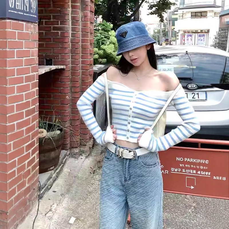 [Sunshine Island] Striped Sweater Women's Autumn One-Shoulder Slim Short Bottoming Top