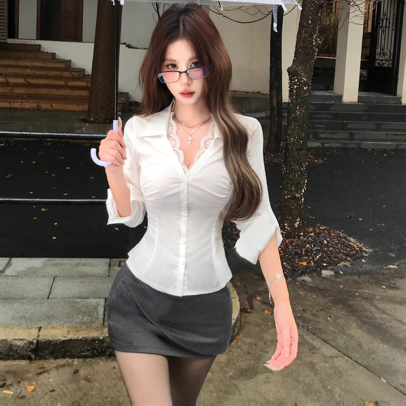 2026 Summer White Shirt with Lace Splicing, Sexy Long-Sleeve Shirt for Women, Stylish Design, Pure Desire Style, Waist-Cinching Top, Versatile