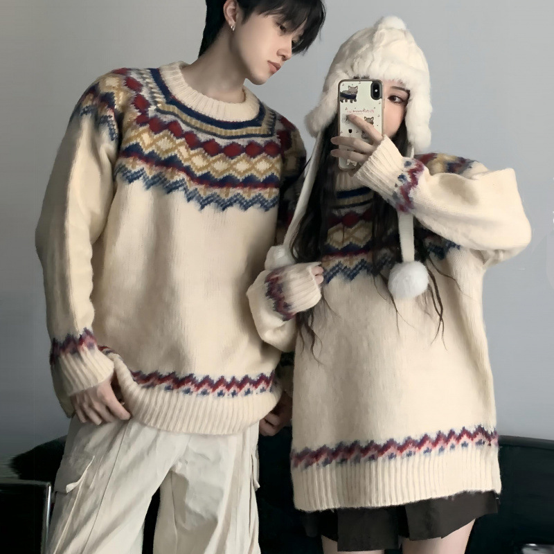 가을과 겨울 애호가 남성과 여성의 둥근 목 패딩 복고풍 홍콩 바람 따뜻한 부드러운 왁스 스웨터 크로스 국경 머리카락