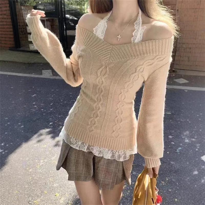 French-Style Pure Desire Off-Shoulder Long-Sleeve Sweater with a Unique Design, Waist-Cinching V-Neck Solid Color Autumn and Winter Knit Top French-Style Pure Desire Off-Shoulder Long-Sleeve Sweater with a Unique Design, Waist-Cinching V-Neck Solid Color Autumn and Winter Knit Top