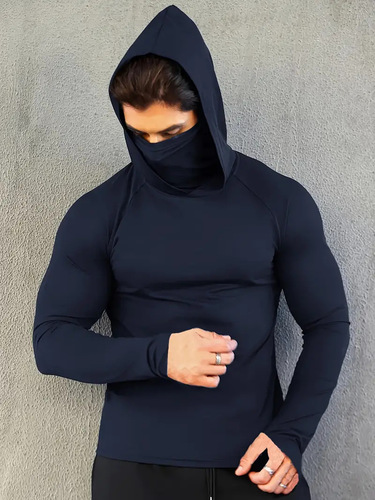 Outdoor Windproof Long Sleeve Fitness Top for Men Training Quick Dry Tight Clothing Dustproof with Integrated Mask High Collar Hooded T-Shirt