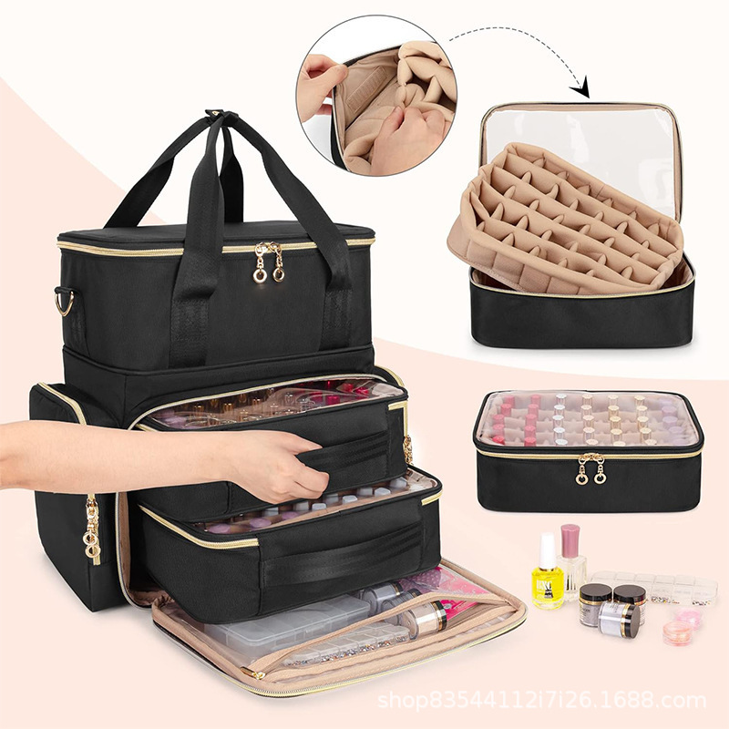 Nueva caja de almacenamiento de esmalte de uñas de doble capa, bolsa de acabado de esmalte de uñas con 2 bolsas extraíbles y kit de herramientas