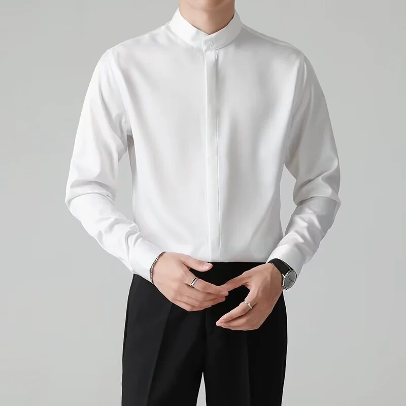 Модная и стильная новая мужская рубашка с длинными рукавами и воротником-стойкой в ​​китайском стиле, весенне-осенняя корейская версия, повседневная свободная драпированная рубашка